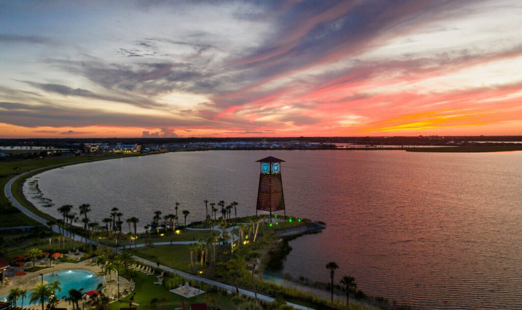 Babcock Ranch Lighthouse against a sunset background