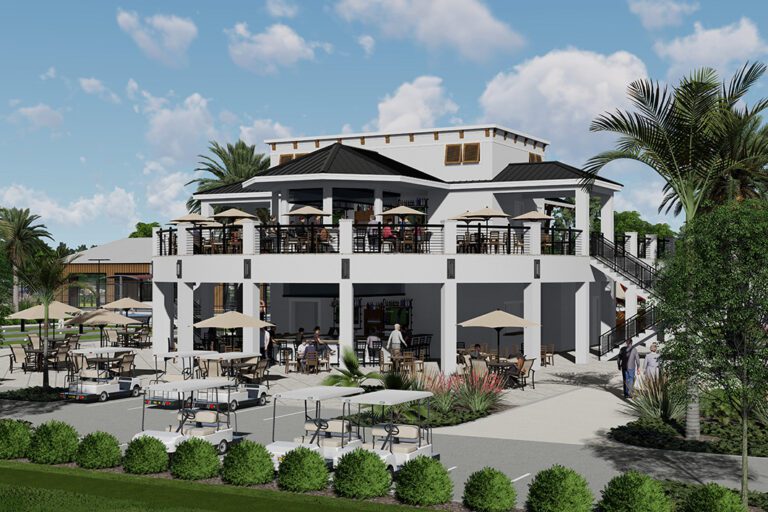 Exterior rendering of Webb's Reserve two-story golf clubhouse